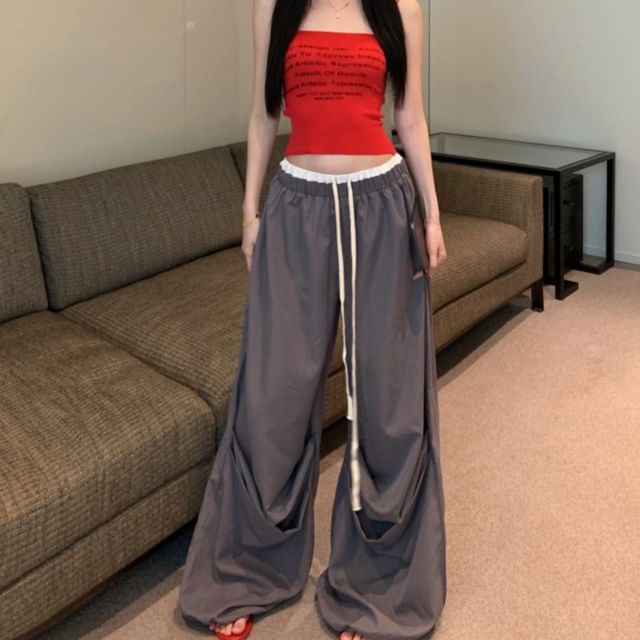 Crop Wide Leg Pants Lettering Trim Top Waist Drawstring Contrast Print Camisole / FashionChic