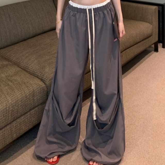 Crop Wide Leg Pants Lettering Trim Top Waist Drawstring Contrast Print Camisole / FashionChic