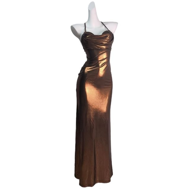 Evening Sheath Spaghetti Metallic Strap Gown Plain FashionChic