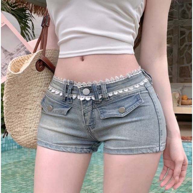 Denim Washed Rise Trim Hot Pants Low Lace FashionChic