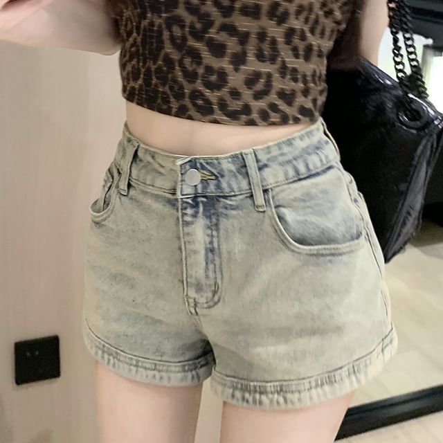 Zipped Waist High Denim Washed Hot Pants FashionChic