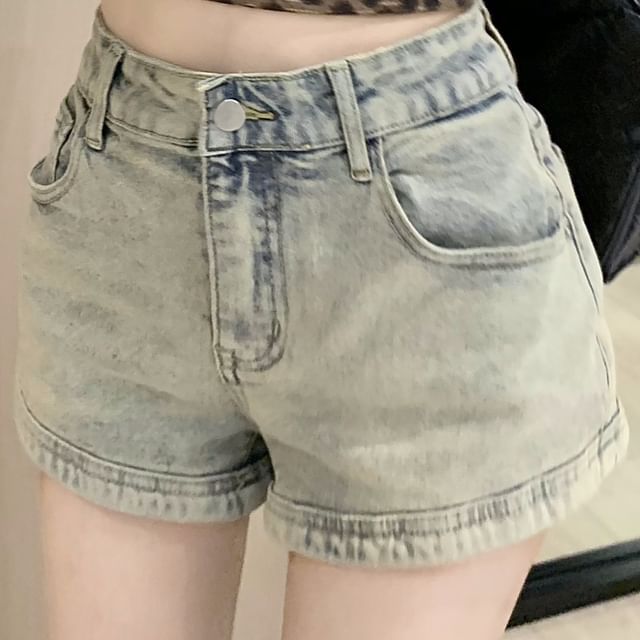Zipped Waist High Denim Washed Hot Pants FashionChic