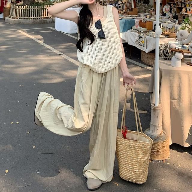 Wide High Waist Sleeveless / Leg Scoop Pants Neck Tank Plain Knit Top FashionChic