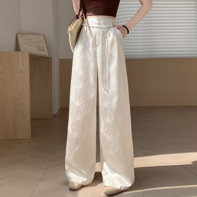Satin High Wide Pants Jacquard Leg Waist FashionChic