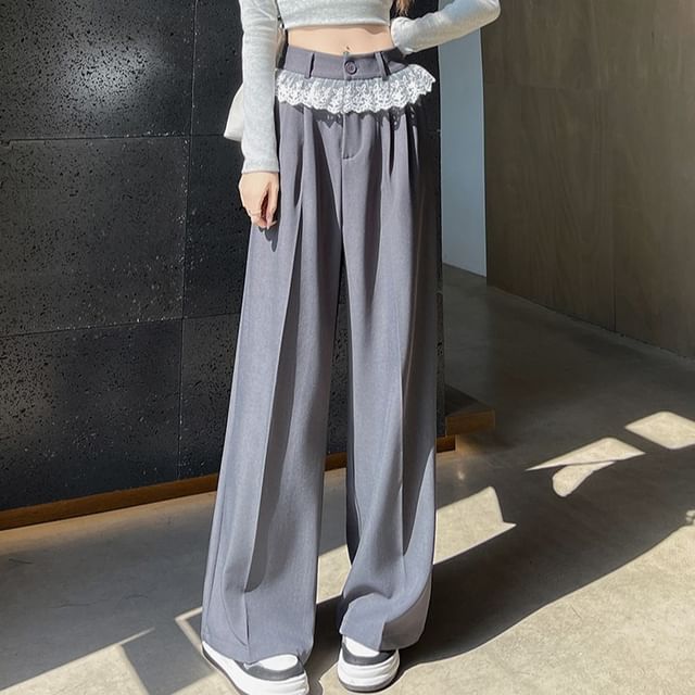 Lace Designs) Dress Leg (Various Waist Panel High Pants Wide FashionChic