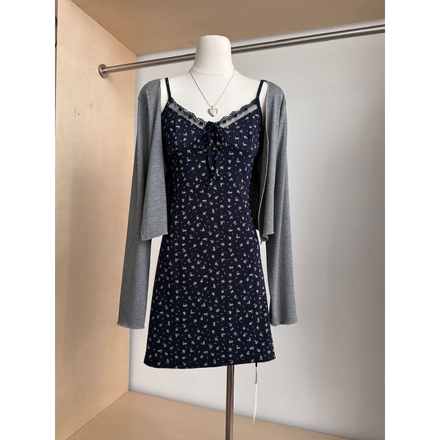 Strap Dress Floral Set: V-Neck (Various Lace Plain Spaghetti Cardigan Designs) Front Trim A-Line Open Print + FashionChic