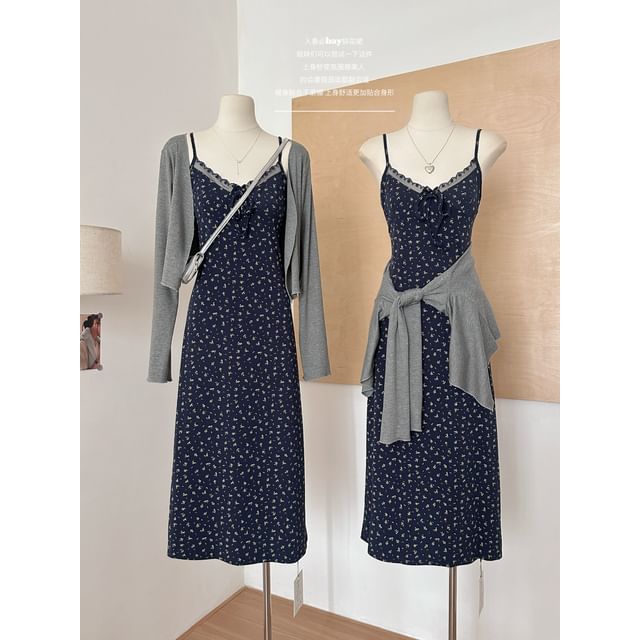 Strap Dress Floral Set: V-Neck (Various Lace Plain Spaghetti Cardigan Designs) Front Trim A-Line Open Print + FashionChic