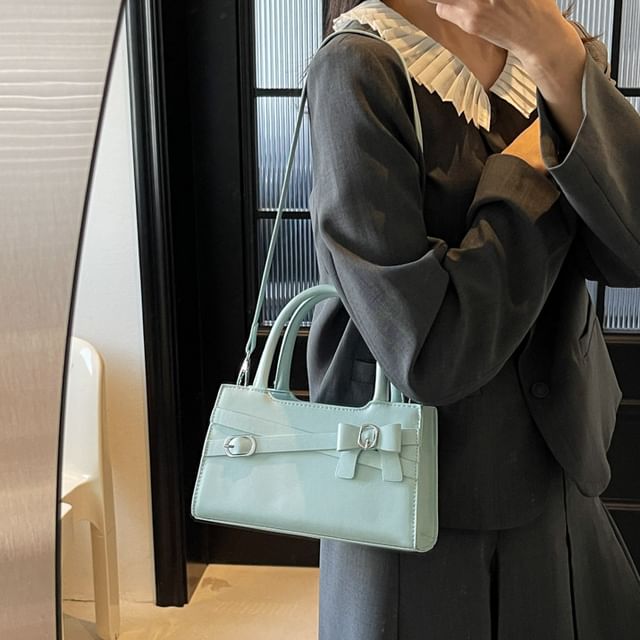 Top Faux Buckled Handle Bow Crossbody Bag Leather FashionChic