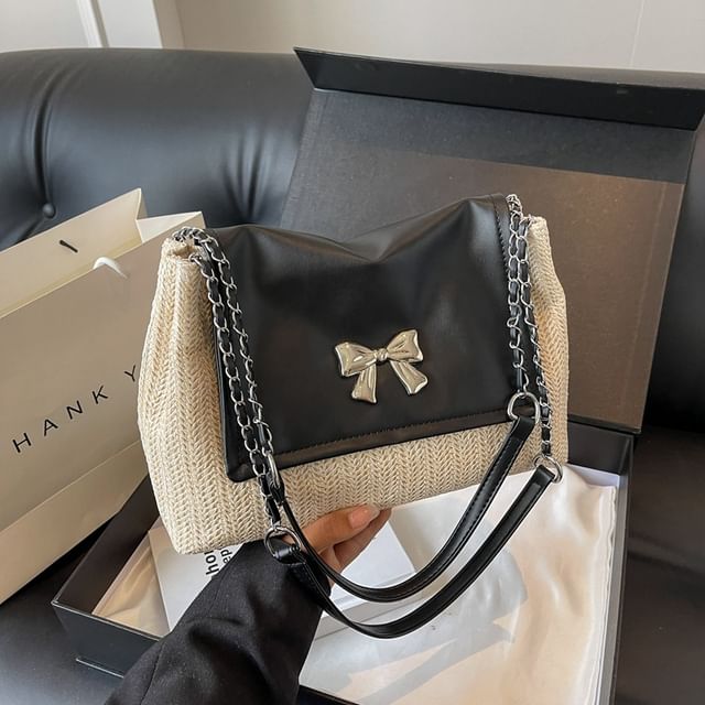 Bow Shoulder Bag Woven Flap FashionChic