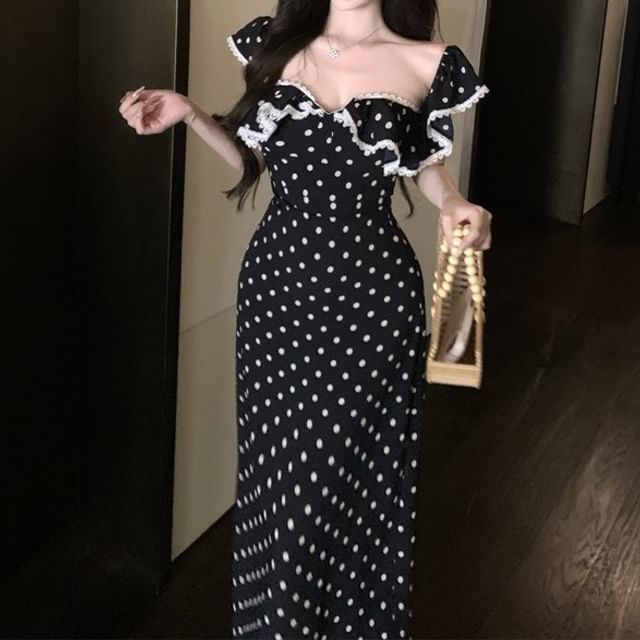 Tank Maxi Cap-Sleeve Lace Top Fit Sheath / Ruffle Dotted Slim Trim Dress FashionChic