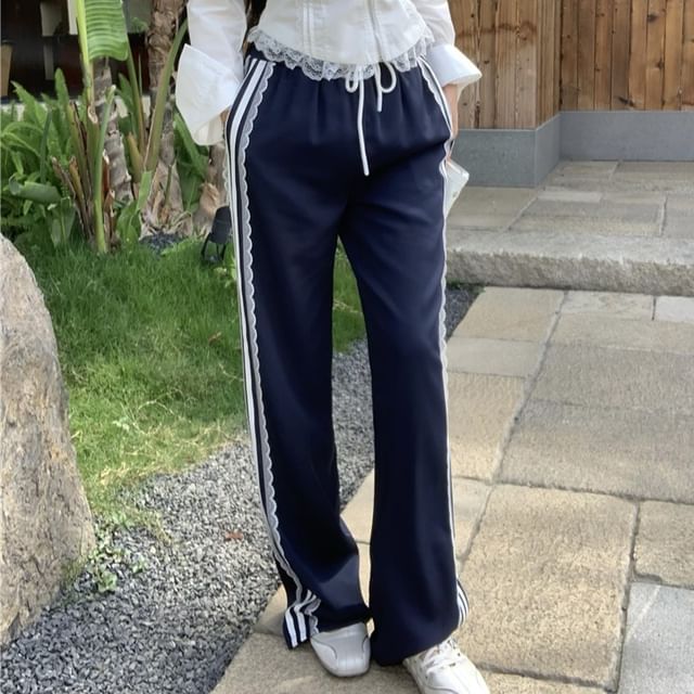 Fit Waist Drawstring Pants Trim Crop Blouse Shoulder Cold Loose Lace Striped / Zip-Up Long-Sleeve FashionChic