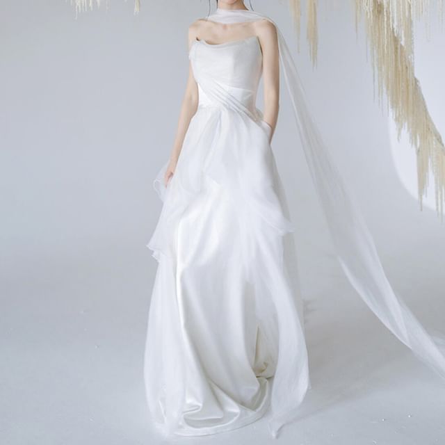 + Panel Scarf Set: Wedding Plain Gown A-Line Mesh Strapless FashionChic