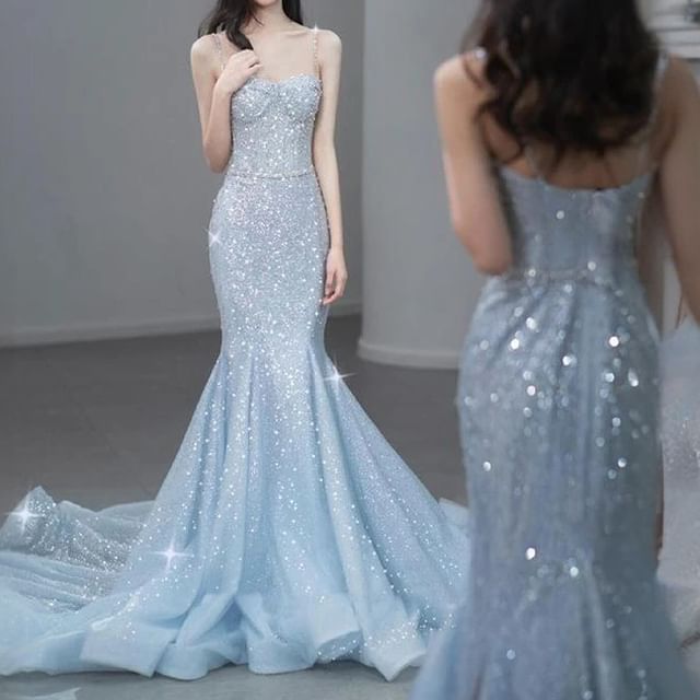 Spaghetti Strap Sequin Trained Open Back Mermaid Evening Gown FashionChic