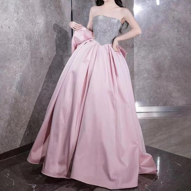 Strapless Sequin Panel Bow Back Ball Gown FashionChic