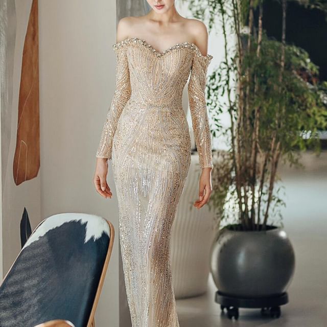 Long-Sleeve Off-Shoulder Sequin Mermaid Evening Gown FashionChic