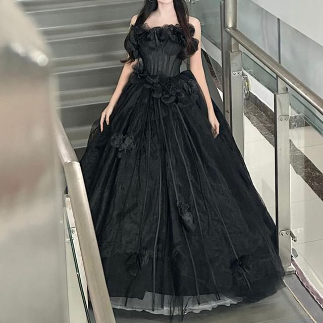 Strapless Plain Floral Accent Ball Gown FashionChic