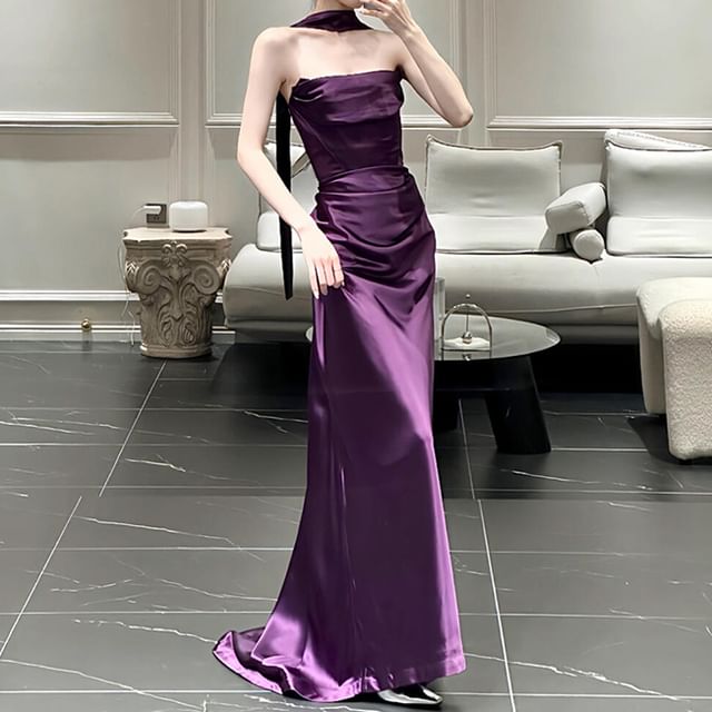 Set: Strapless Plain Ruched Satin Mermaid Evening Gown + Scarf FashionChic