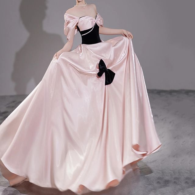Off-Shoulder Two Tone Bow Accent Ruched A-Line Evening Gown FashionChic