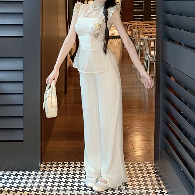High Rise Cap-Sleeve Buttoned Wide Set Collar Leg Floral Plain Crop Frog Tube Slit Stand Embroidered Pants / Top FashionChic
