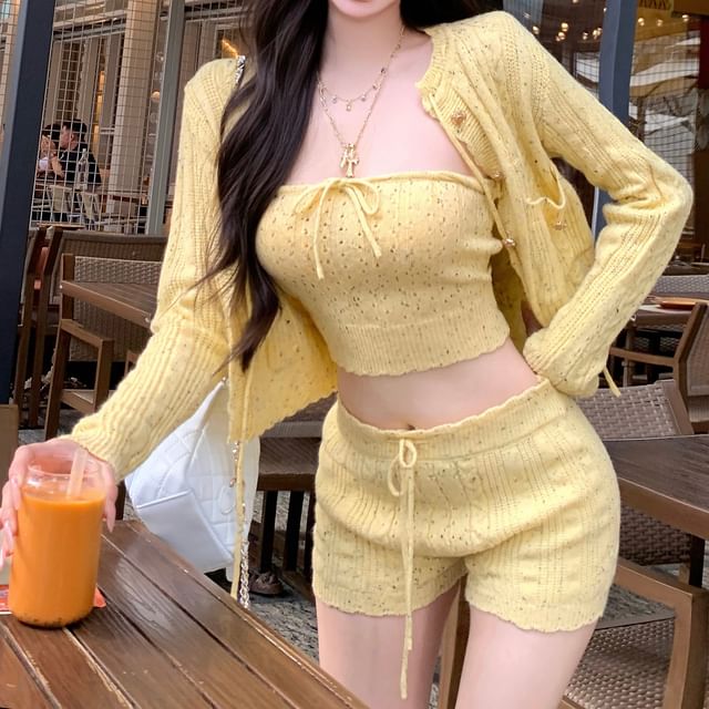 Waist Tie Speckle Pants Tube Knit / Hot Top Crop Perforated Cardigan Drawstring Front FashionChic