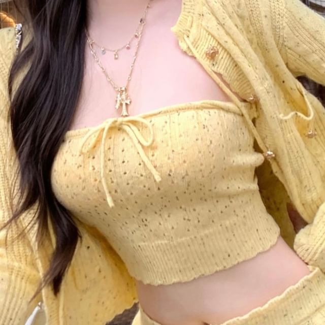 Waist Tie Speckle Pants Tube Knit / Hot Top Crop Perforated Cardigan Drawstring Front FashionChic