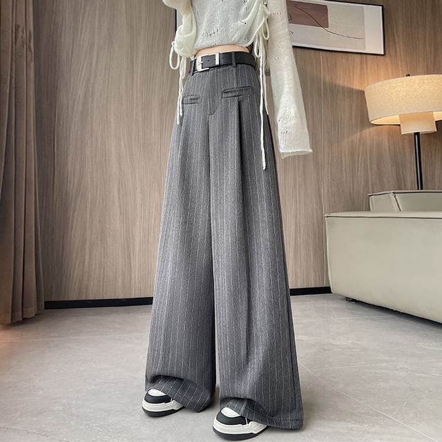 Leg Rise Wide Pinstriped Pants High Dress FashionChic