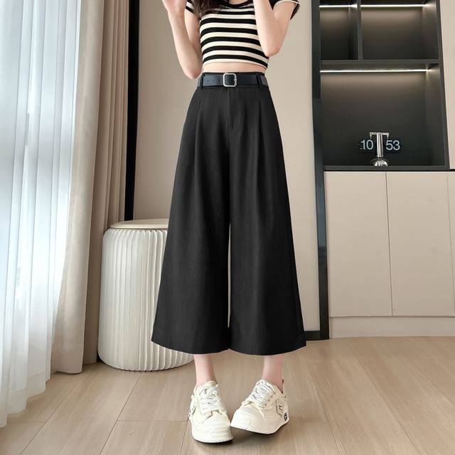 Leg High Dress Waist Wide Pants Capri Plain FashionChic