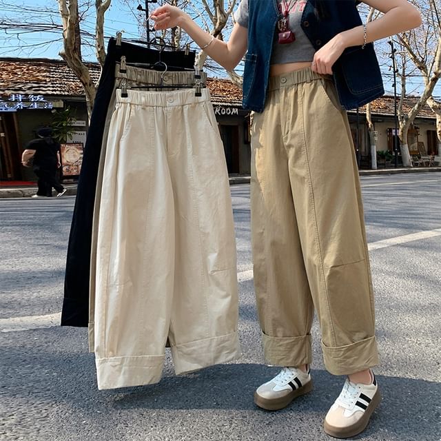 Elastic Cropped Waist Plain Pants Leg Wide FashionChic