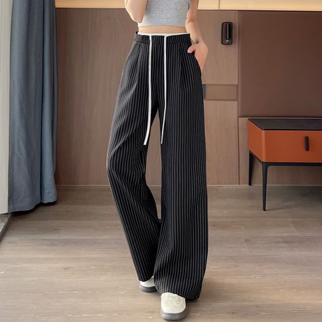 Pinstriped Drawstring (Various Designs) Leg Wide Pants Waist FashionChic