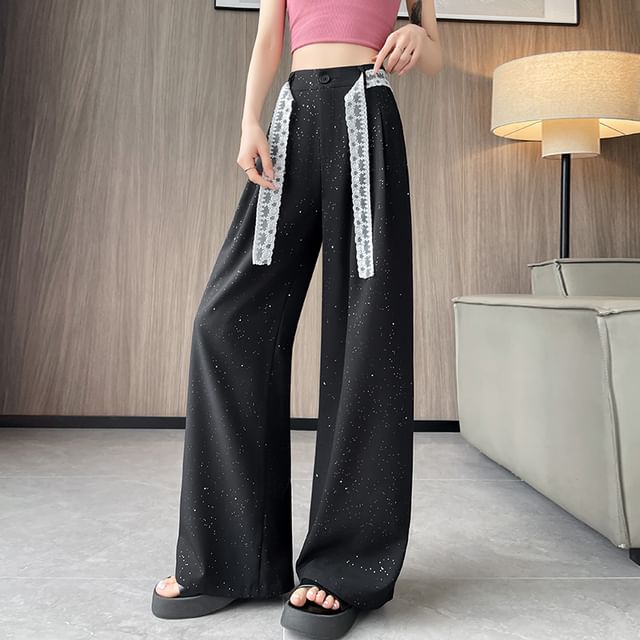 Panel Designs) Dress Leg Sequin High Wide Waist Lace (Various Pants FashionChic