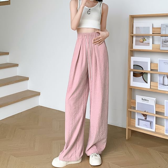 Drawstring Wide Waist Leg Plain Pants FashionChic
