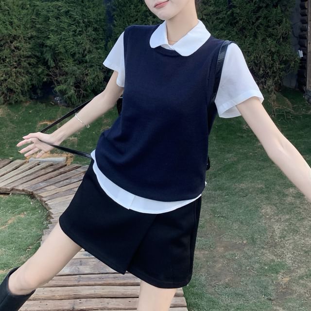 / Collared Skirt Waist Neck Shirt Vest Sleeve A-Line Plain Mini High Short Round Sweater FashionChic