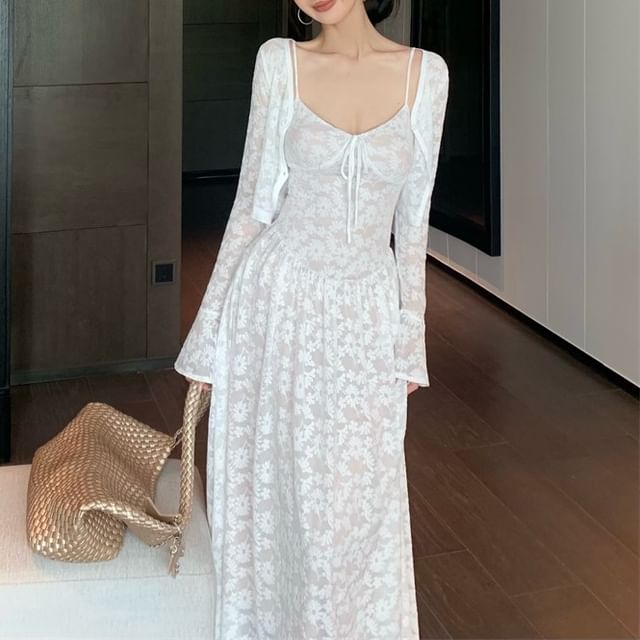 / Maxi Bolero Strap Floral Spaghetti Dress A-Line Jacquard FashionChic