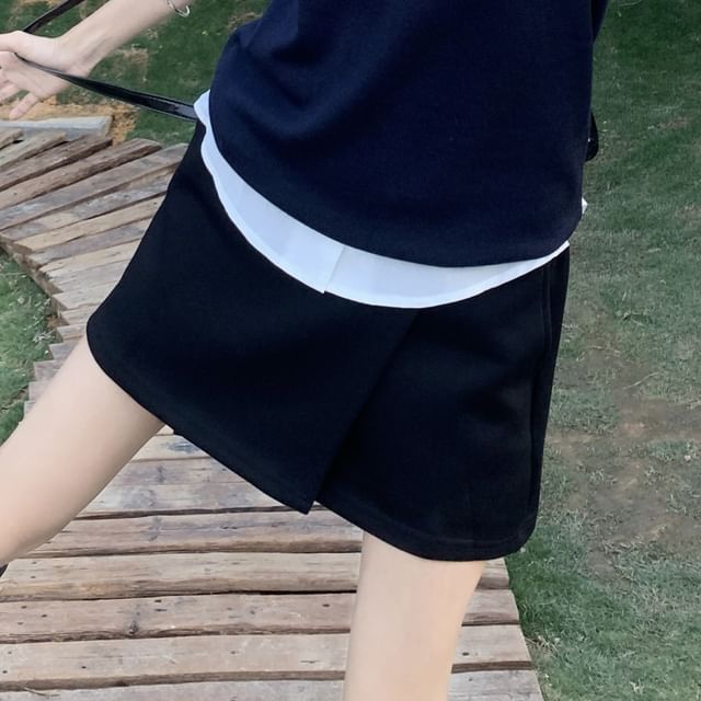 / Collared Skirt Waist Neck Shirt Vest Sleeve A-Line Plain Mini High Short Round Sweater FashionChic