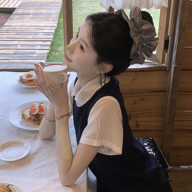 / Collared Skirt Waist Neck Shirt Vest Sleeve A-Line Plain Mini High Short Round Sweater FashionChic