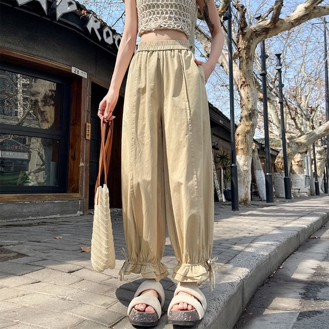 Cropped Elastic Trim Ruffle Waist Harem Plain Pants Bow FashionChic