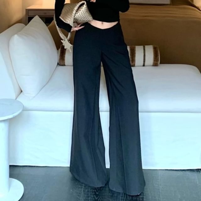 Plain Rise Pants Cropped Low / Studded Off-Shoulder T-Shirt Long-Sleeve Flared FashionChic