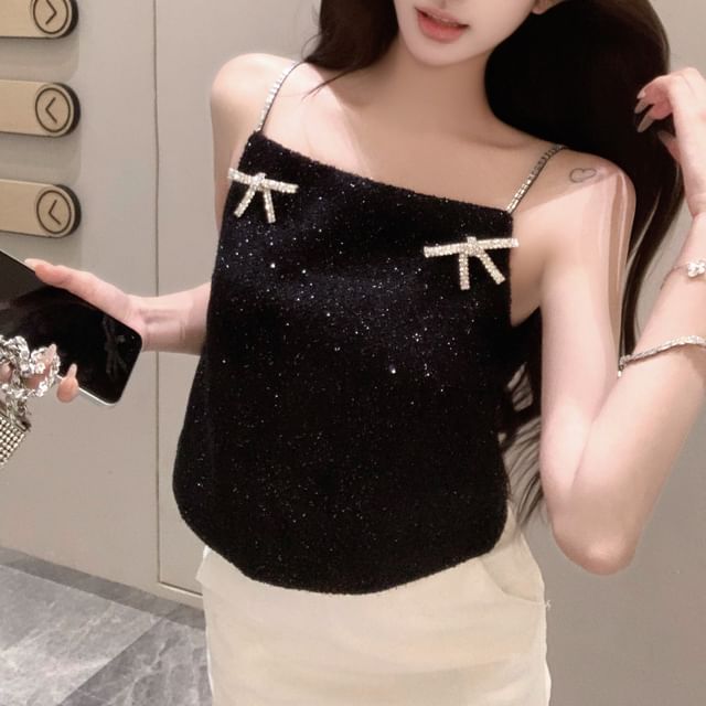 Bow Rhinestone Cami Glitter Top FashionChic