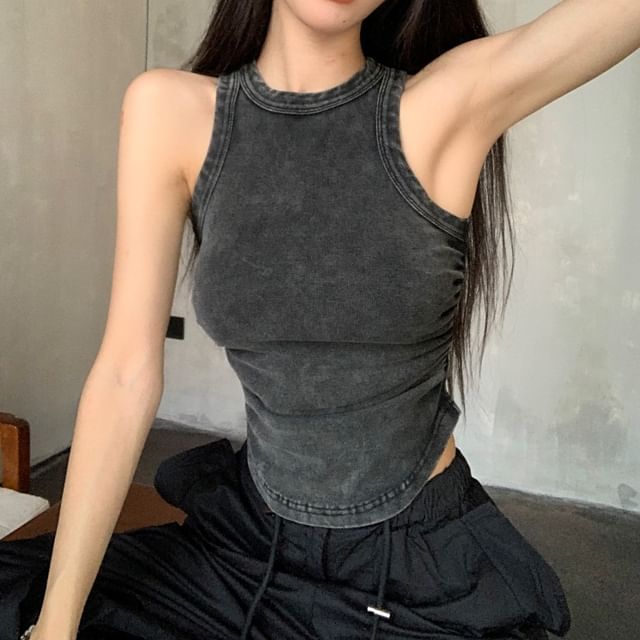 Tank Crew Drawstring Leg Wide Washed / Plain Neck Pants Waist Top FashionChic