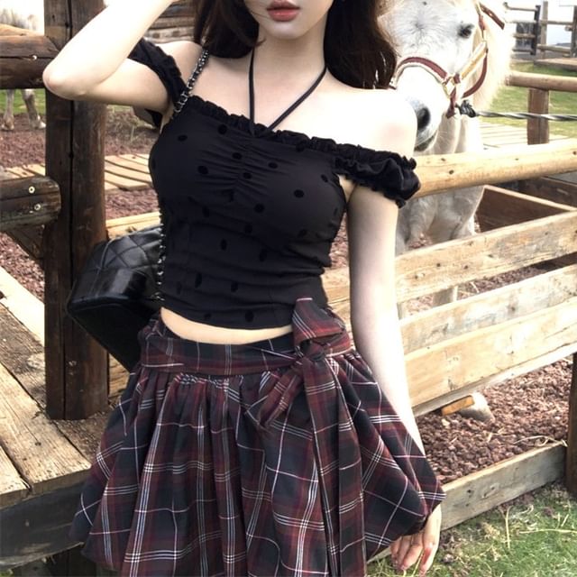 / High Dotted Plaid Balloon Rise Mini Cami Skirt Frill Top A-Line FashionChic