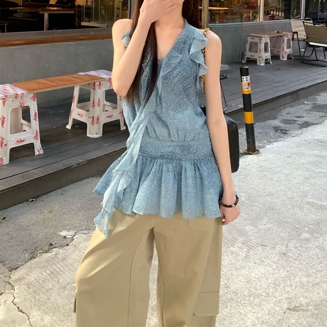 Ruffle Plain Leg Patterned Halter High Print Wide Cargo Top Pants / Waist FashionChic