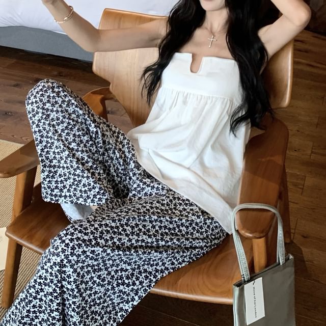 Pants / Camisole Floral High Plain Notch Wide Neck Leg Print Top Waist FashionChic