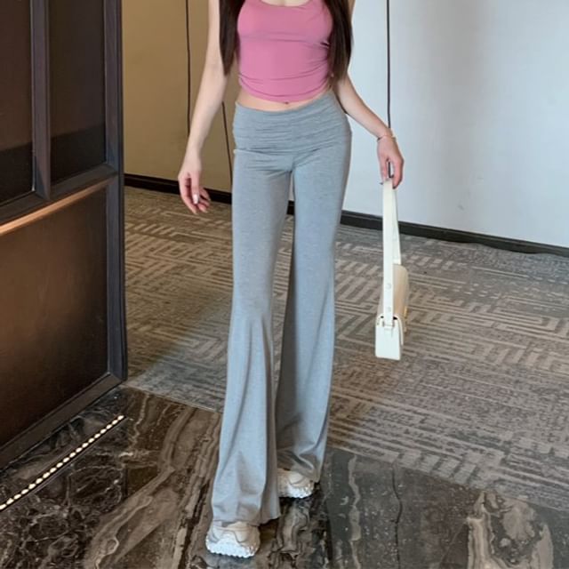 Top Flared Plain / Camisole Rhinestone Padded Rise Mid Pants FashionChic