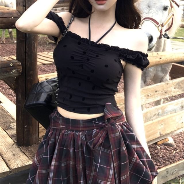 / High Dotted Plaid Balloon Rise Mini Cami Skirt Frill Top A-Line FashionChic