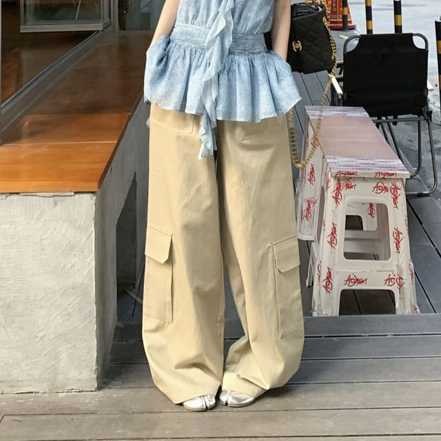 Ruffle Plain Leg Patterned Halter High Print Wide Cargo Top Pants / Waist FashionChic