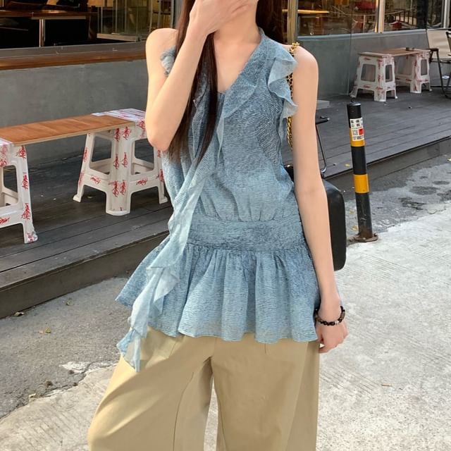 Ruffle Plain Leg Patterned Halter High Print Wide Cargo Top Pants / Waist FashionChic