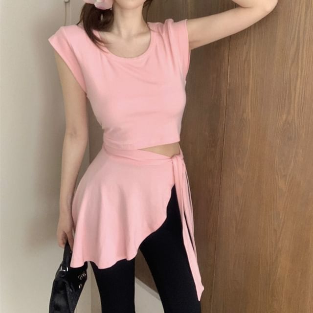 Sleeve Crew Cap Asymmetrical Plain Waist Flared / Pants Neck T-Shirt Mock Piece High Two FashionChic