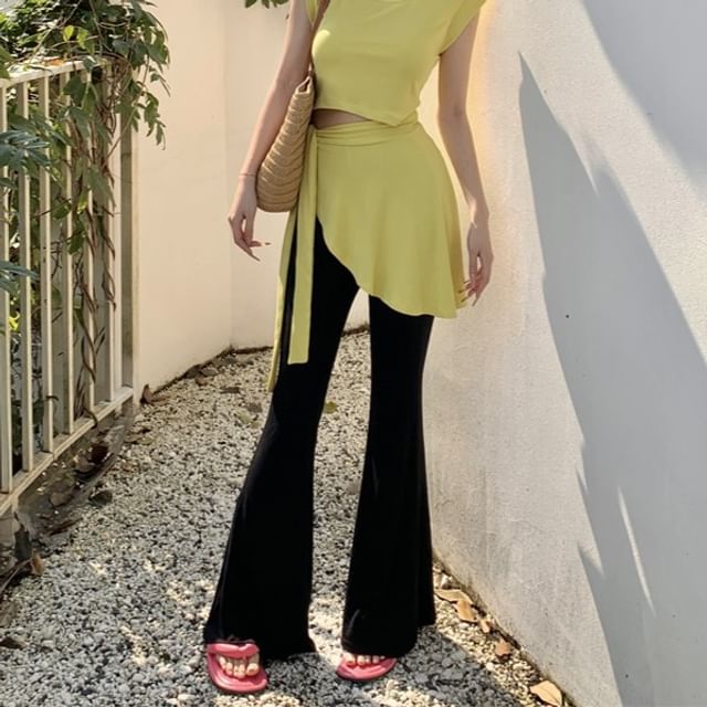 Sleeve Crew Cap Asymmetrical Plain Waist Flared / Pants Neck T-Shirt Mock Piece High Two FashionChic