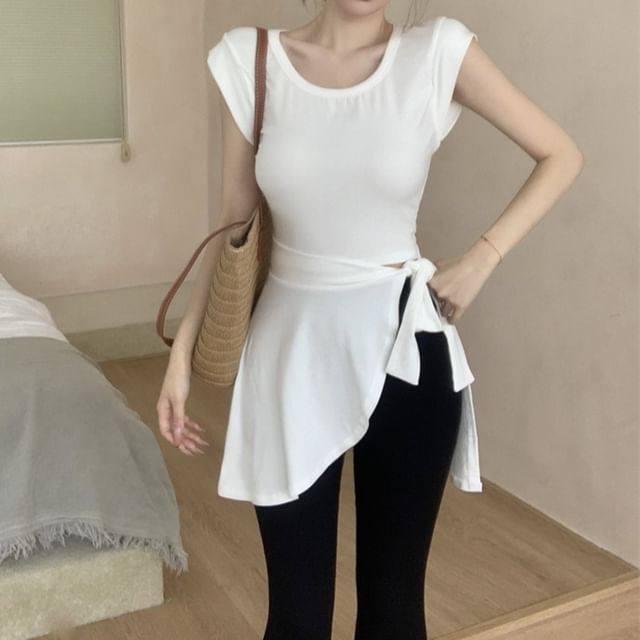 Sleeve Crew Cap Asymmetrical Plain Waist Flared / Pants Neck T-Shirt Mock Piece High Two FashionChic