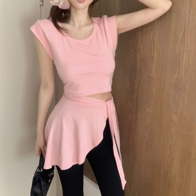Sleeve Crew Cap Asymmetrical Plain Waist Flared / Pants Neck T-Shirt Mock Piece High Two FashionChic